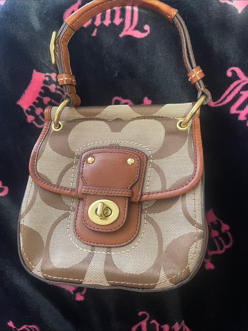 Coach Mini Signature Canvas legacy Satchel in Brown and Tan with Leather Trim